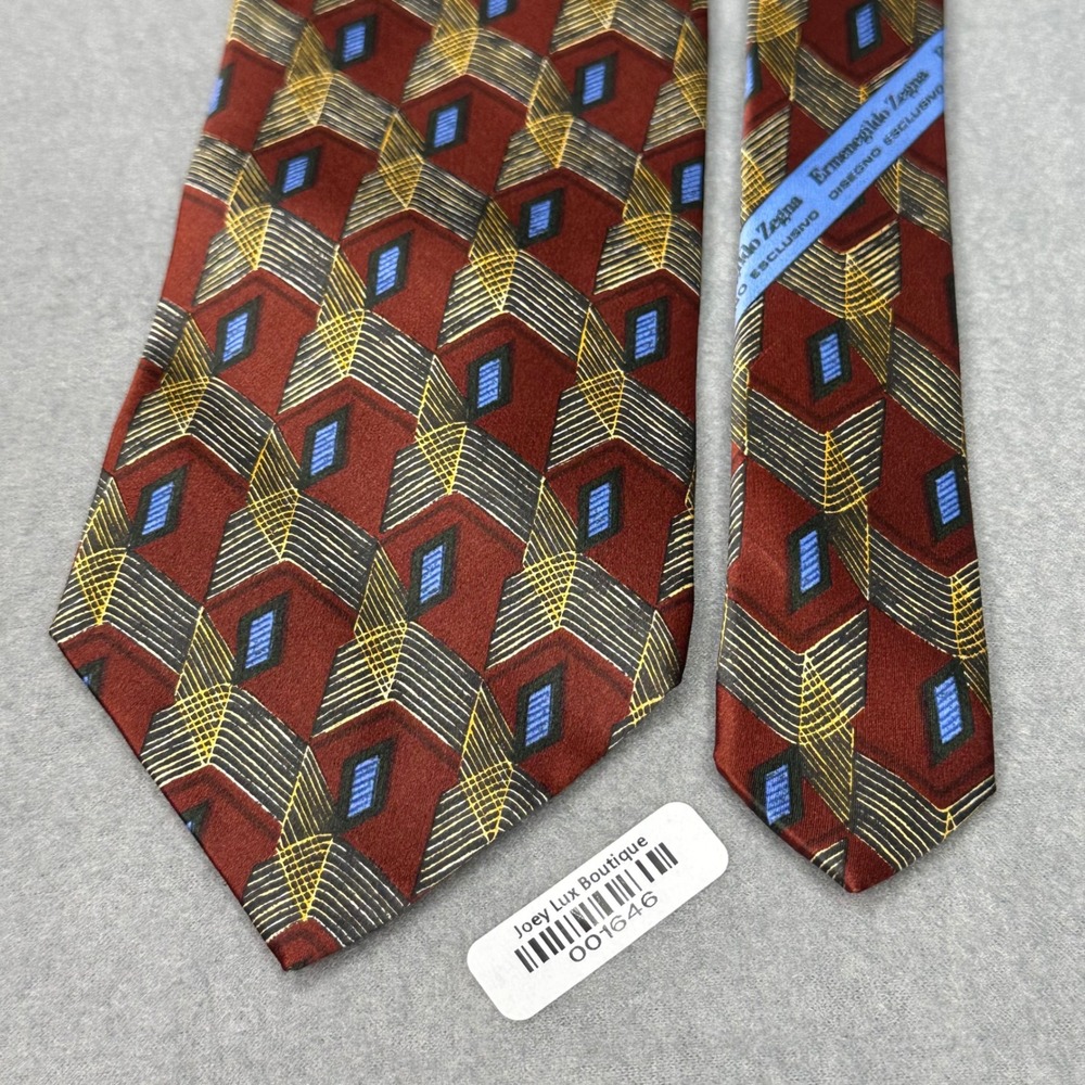 Ermenegildo Zegna Silk Tie Burgundy Geometric Pattern Luxury Mens‎ 100% SILK